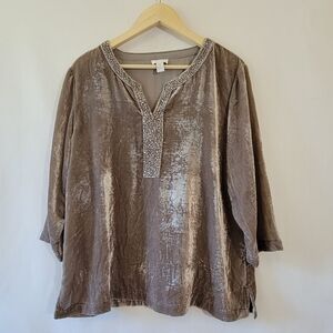 Chico's Velvet Dream Monica Top Sz 2 Gray 3/4 Sleeve Sequin Split-Neck Party